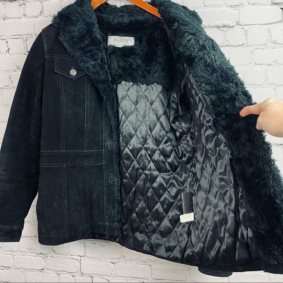 Vintage 90s Wilsons Leather Maxima Black Suede Sherpa Faux Fur Quilted Jacket - Picture 9 of 14